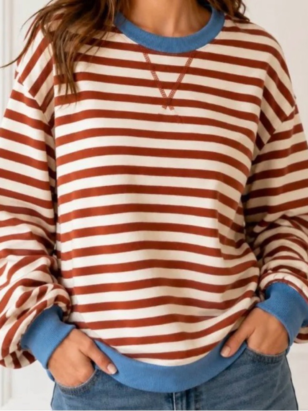 Kids Striped Crewneck Sweatshirt in Rust & Blue